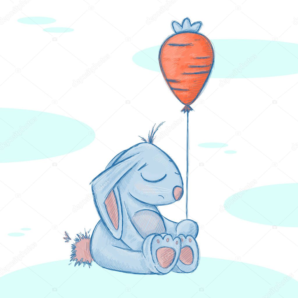 Sad alone sitting bunny with a orange carrot baloon. Cute illustration for children.