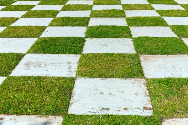 En Checker matris av gräs och rustik lera kakel i en utomhuspark. Japansk trädgård. Buenos Aires — Stockfoto