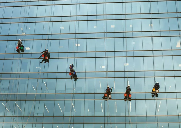 Grupp av arbetstagare rengöring Windows service på hög upphov byggnad. fönster brickor industriella klättrare — Stockfoto