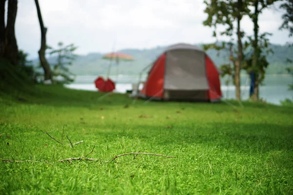 Natur Landskap Röd Camping Tält Campingplats Träd Grönt Gräs Äng — Stockfoto