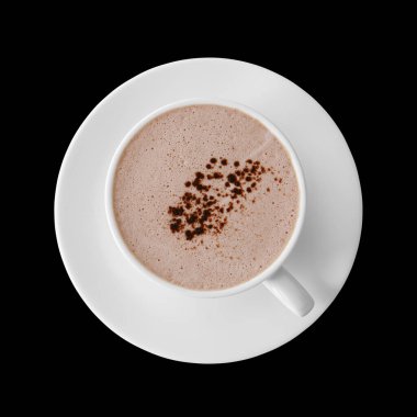 Sıcak kakao ya da sütlü çikolata ve kahve, beyaz bardakta kakao tozu ile sütlü kahve. Sabah kafeteryasında ya da kahve dükkanında. İçme saatleri ve siyah arka planda kırpma yolları da var.