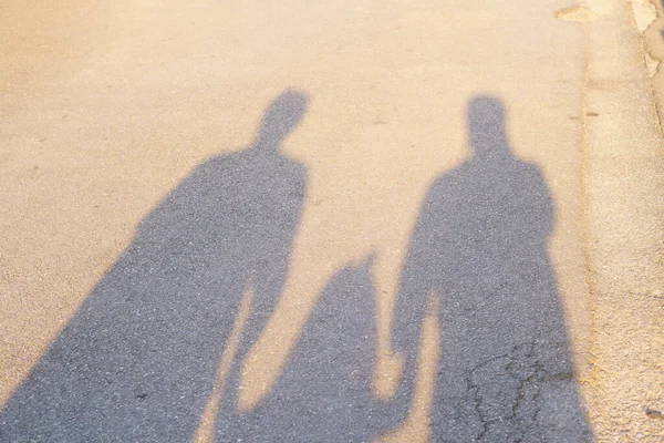 shadow or silhouette of family hand in hand is father mother and baby or child for relax travel on ground and vacation holiday together with relationship on street or road and warm sunlight or sunny