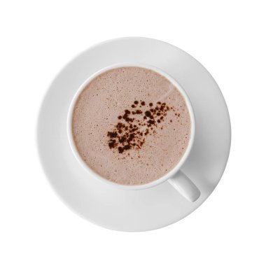 Sıcak kakao, sütlü çikolata ve kahve, beyaz bardakta kakao tozu, kafenin üst katında ya da kahve dükkanında sabah içki saati ve beyaz arka planda kırpma yolu da dahil olmak üzere izole edilmiş.