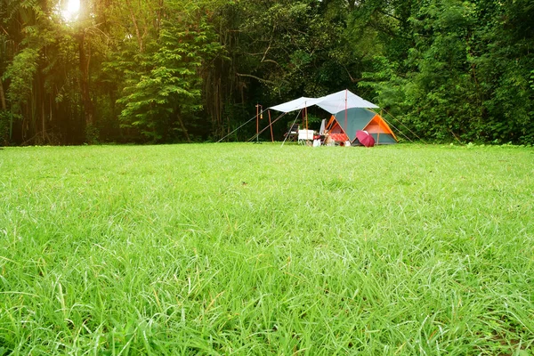 緑の芝生の牧草地やジャングルの庭や家族の休暇のピクニックのための森の滝の木の下にタープやフライシート付きの自然景観キャンプテント休日の旅行や雨をリラックス日光浴 — ストック写真