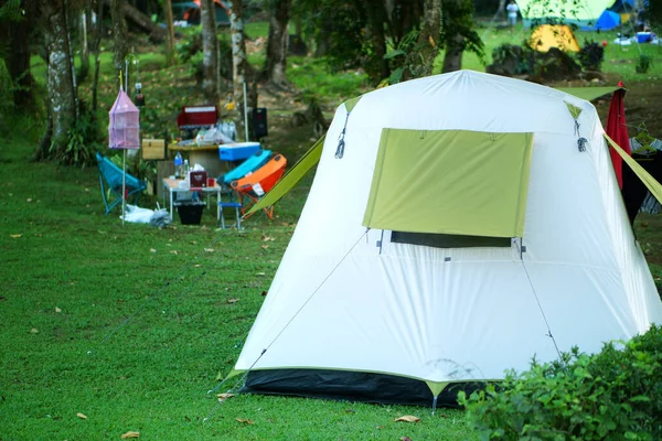 Natur Landskap Camping Tält Med Inredning Tillbehör Äng Nationalpark Och — Stockfoto