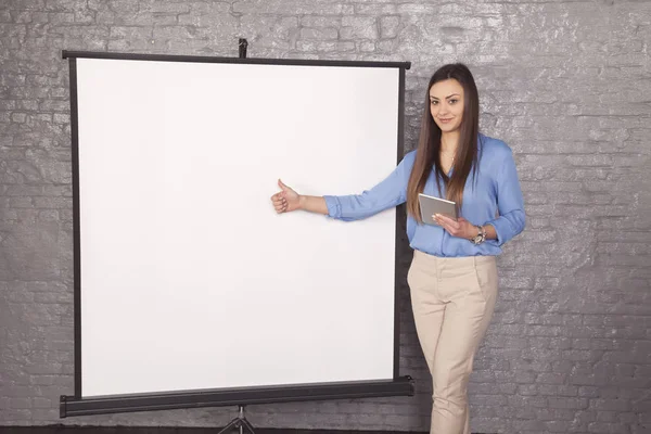 Business Woman Pointing Place Board Copy Space Thumb — Stock Photo, Image