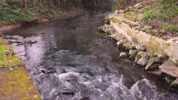 Strömmande Vatten Floden Kanalen Stenar Botten Och Böj Fjärran — Stockvideo