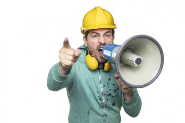 inşaat işçisi elinde bir megafon tutar, conc