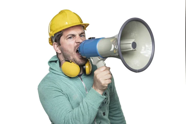 Stavební pracovník má v rukou megafon, konc — Stock fotografie
