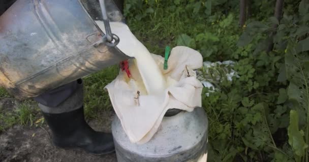 Farmář Nalévá Mléko Přes Odlučovač Způsob Jak Vyčistit Mléko — Stock video