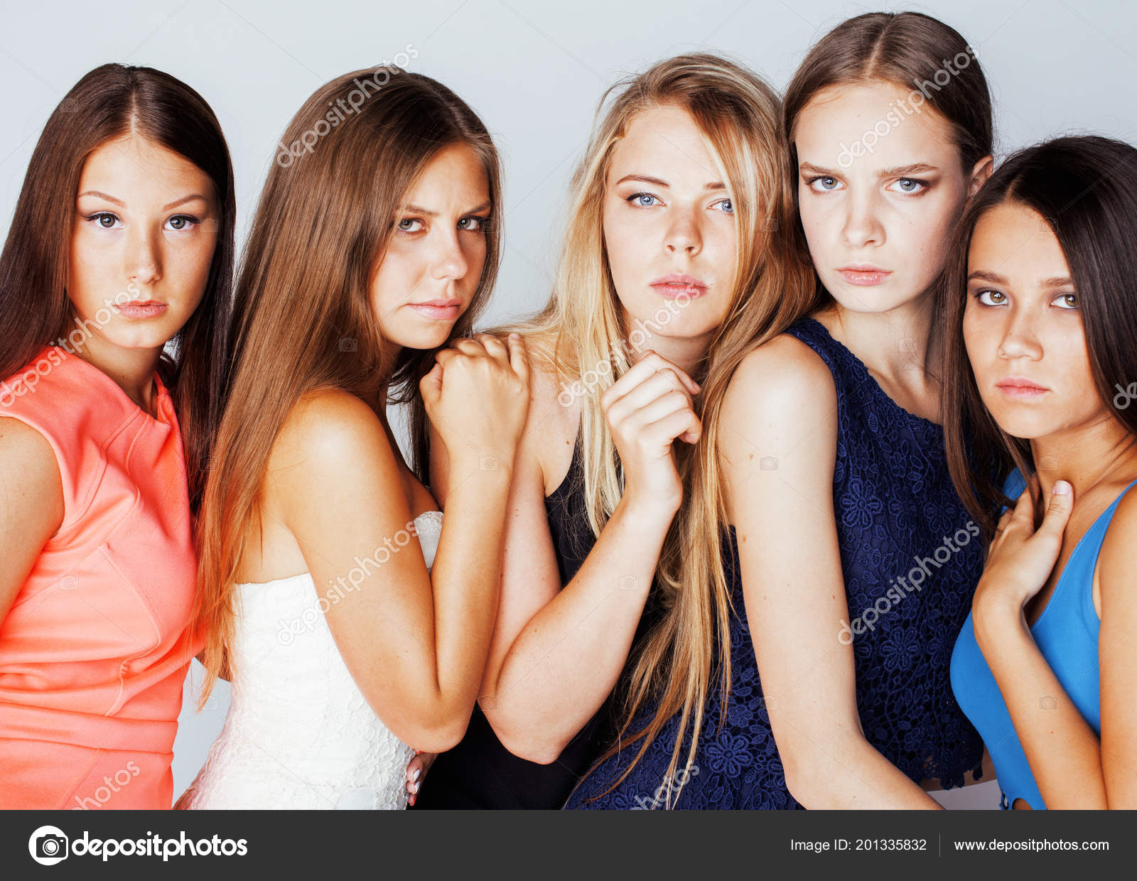 Many Girlfriends Hugging Celebration On White Background - 