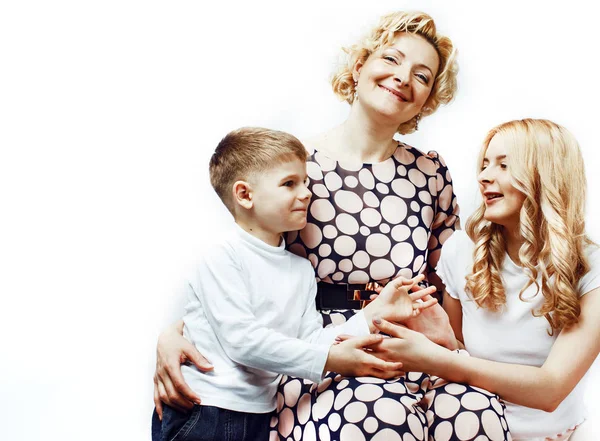 happy smiling blond family together posing cheerful on white bac