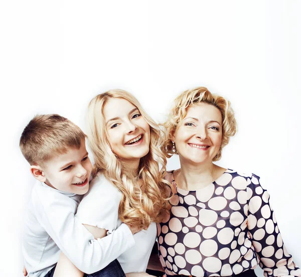 happy smiling blond family together posing cheerful on white bac