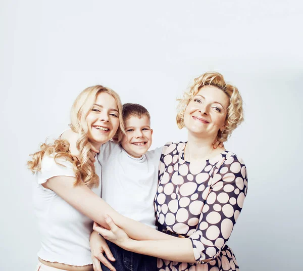 happy smiling blond family together posing cheerful on white bac