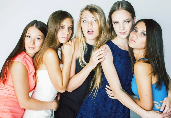 many girlfriends hugging celebration on white background, smiling talking chat close up, lifestyle people concept