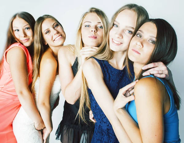 many girlfriends hugging celebration on white background, smiling talking chat close up, lifestyle people concept