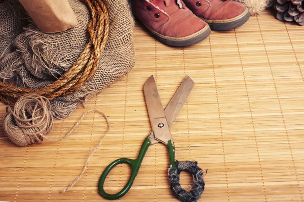 different home stuff on wooden background, handmade lifestyle