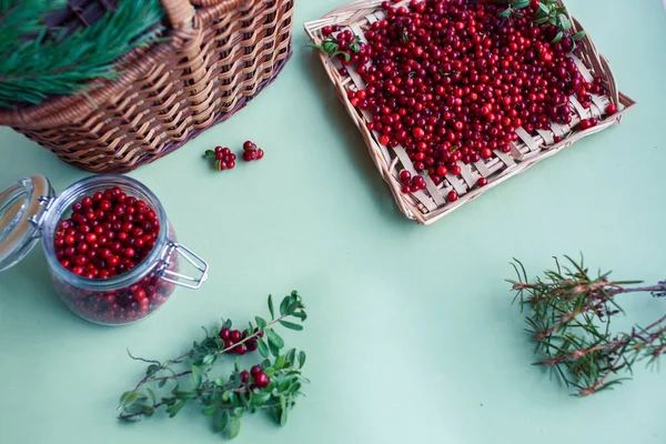 autumn berries on table, lingonberry raw closeup