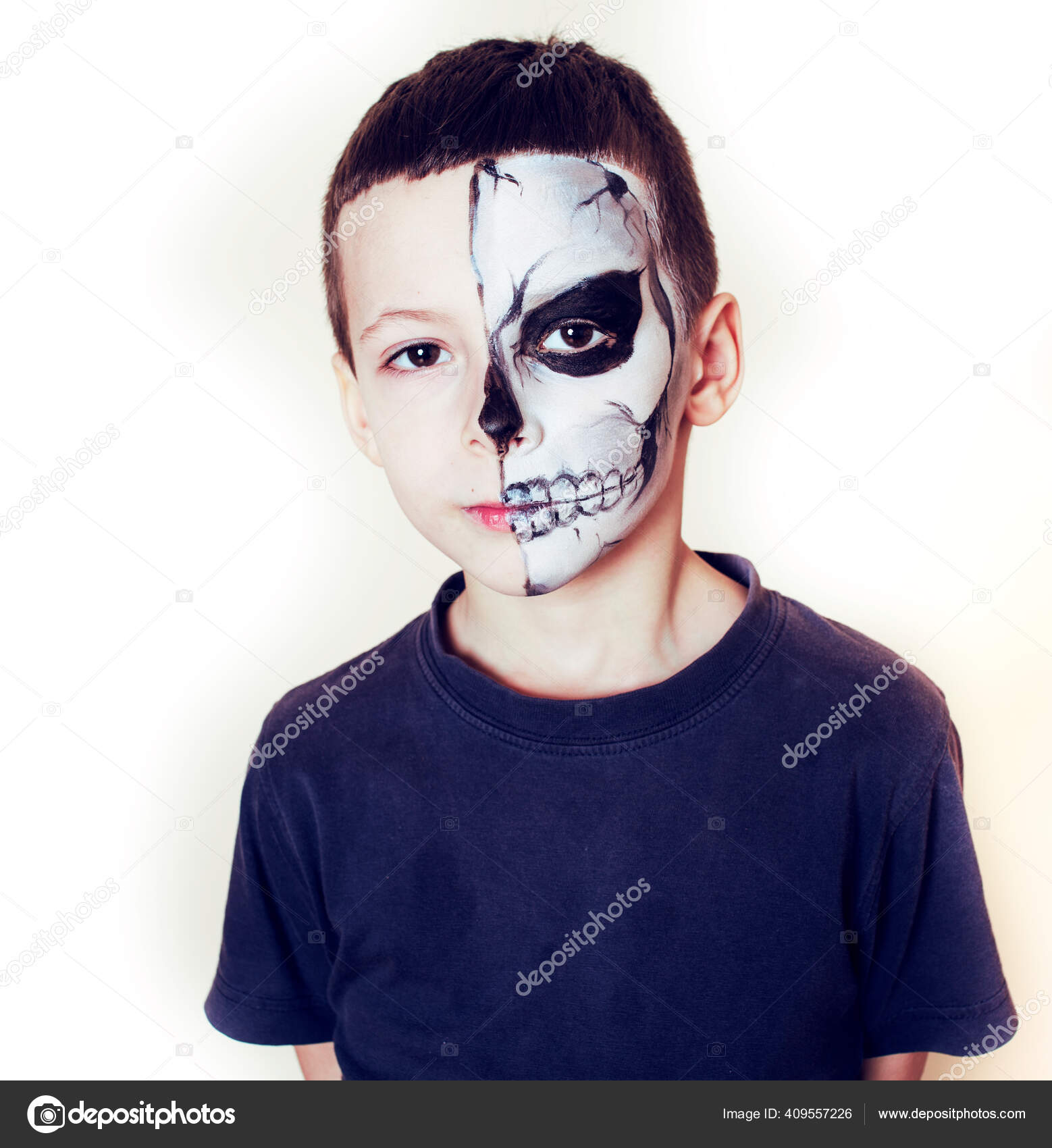 Little cute boy with facepaint like skeleton to celebrate halloween,  lifestyle people concept, children on holiday Stock Photo by ©iordani  365879604