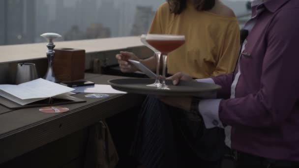 Young Woman Getting Her Order Drinking Cocktail Terrace Bar — Stock Video