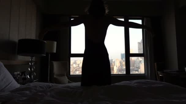 Silhouette Woman Falling Bed Home Super Slow Motion 240Fps — Stock Video