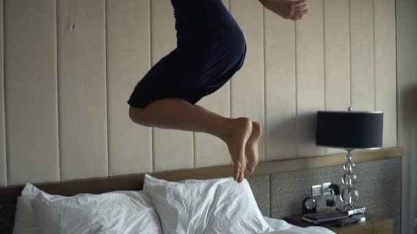 Happy Woman Jumping Bed Home Super Slow Motion 120Fps — Stock Video