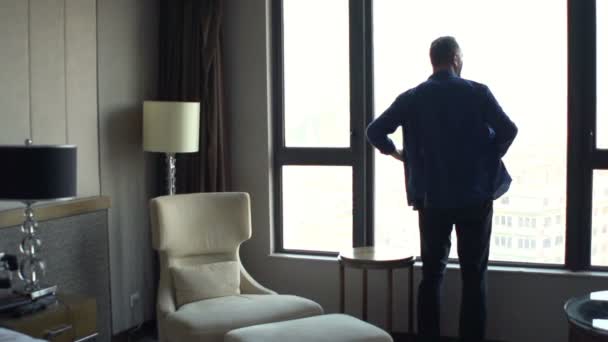 Man Taking Shirt Admire View Form Window Super Slow Motion — Stock Video