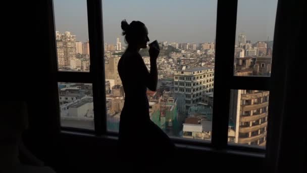 Silhouette Woman Drinking Beverage Window Home Super Slow Motion 240Fps — Stock Video