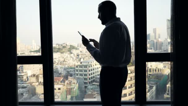 Young Businessman Working Tablet Computer Window Office Royalty Free Stock Footage