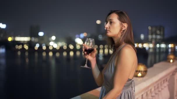 Pretty Woman Drinking Wine Terrace Bar Night — Stock Video