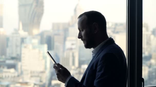 Young Businessman Working Tablet Computer Window Office — Stock Video