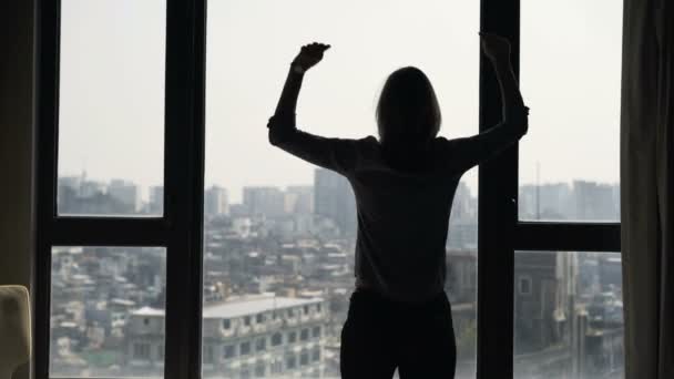Successful Businesswoman Raising Arms Victory Window — Stock Video