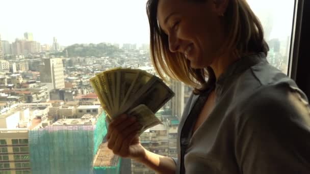 Happy Rich Woman Waving Money Standing Window Home Super Slow — Stock Video