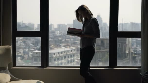 Office Penceresinde Beklemedeyiz Belgelerdeki Notlar Yapma Işkadını Silüeti — Stok video