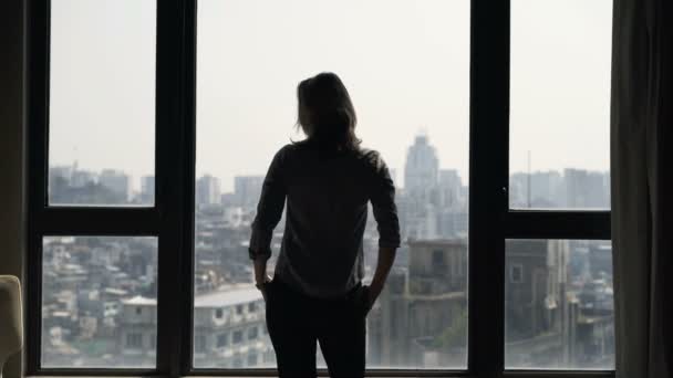 Woman Admire View Standing Window Home — Stock Video