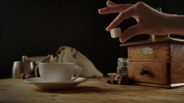 Añadir cubo de azúcar por la mano elegante fija en taza de café blanco. Salpicadura de luz. Rotación interior — Vídeos de Stock