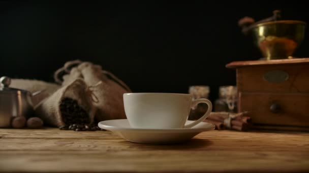 Konzept für starken schwarzen Kaffee. Geröstete Bohnen ohne Verarbeitung in Tasse gegossen — Stockvideo