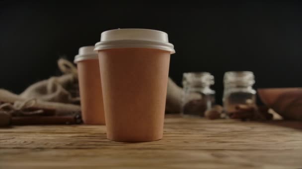 Two coffee special offer or promo. Hands taking two drinks. Tea or Coffee to go — Stock Video
