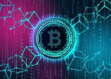 Bitcoin sembol ve blockchain kavramı. Vektör çizim.