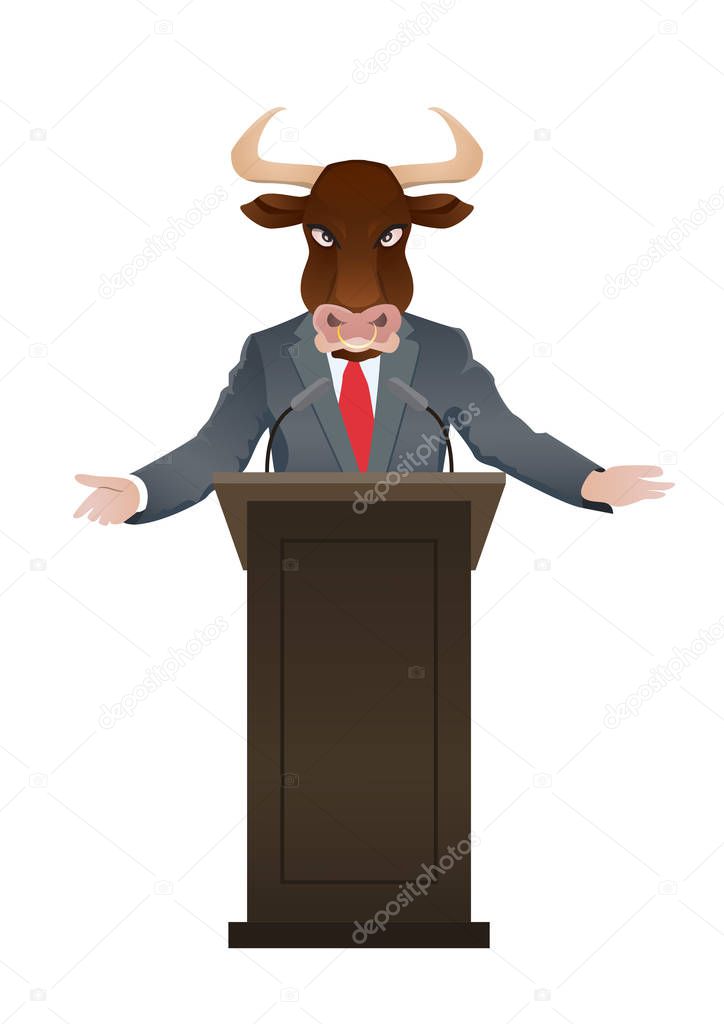 Businessman with bull's head on the rostrum.Vector illustration.