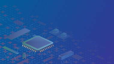 Teknolojik arka plan ile bir anakart. Metin için yer ile izometrik kompozisyon.