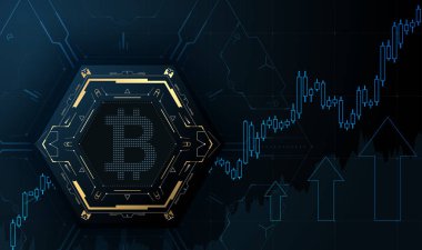 Fütüristik bitcoin sembolü ve fiyat grafiği.