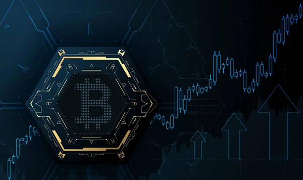 Fütüristik bitcoin sembolü ve fiyat grafiği.