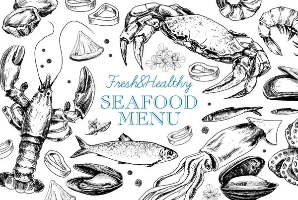 Винтажное меню из морепродуктов в стиле эскиза — стоковый вектор