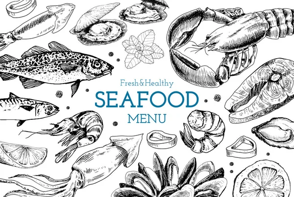 Menu vintage de fruits de mer dans le style croquis — Image vectorielle