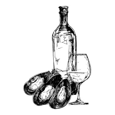 Midye, şarap şişesi ve camla vektör bileşimi
