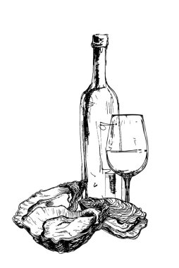 Bir şişe şarap, istiridye ve bardak