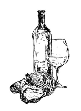 Bir şişe şarap, istiridye ve bardak