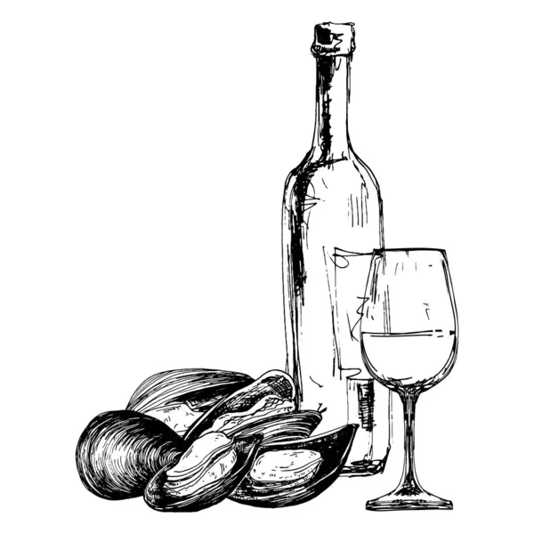 Vektorkomposition mit Miesmuscheln, Weinflasche und Glas — Stockvektor