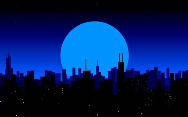 Moon rising over a city. Night City Skyline. Cityscape Background, Beautiful night sky with stars over city buildings. Best wallpaper. Blue sky.